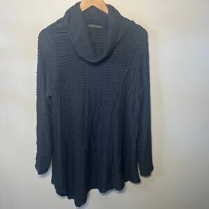 Cut*Loose Tunic Asymmetrical Hem Navy Ribbed Knit Cowl Neck Lagenlook Comfy L